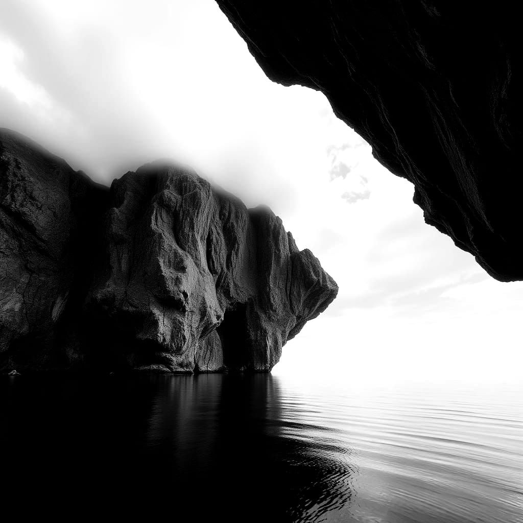 Floating Mountains Rise Above a Serene Ocean in a Dreamlike ...