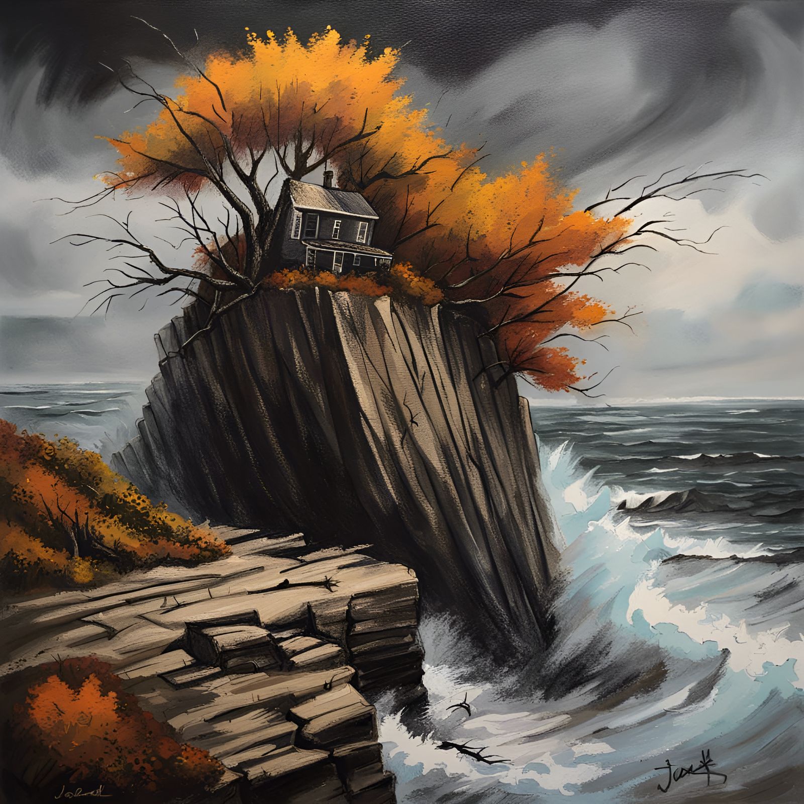 Stormy Atlantic Coastline in 80s Oil Painting Style