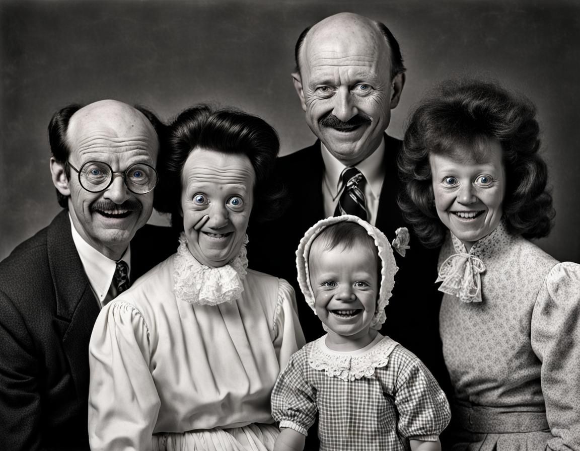 Disturbing 1980s Family Portrait with Deformed Features