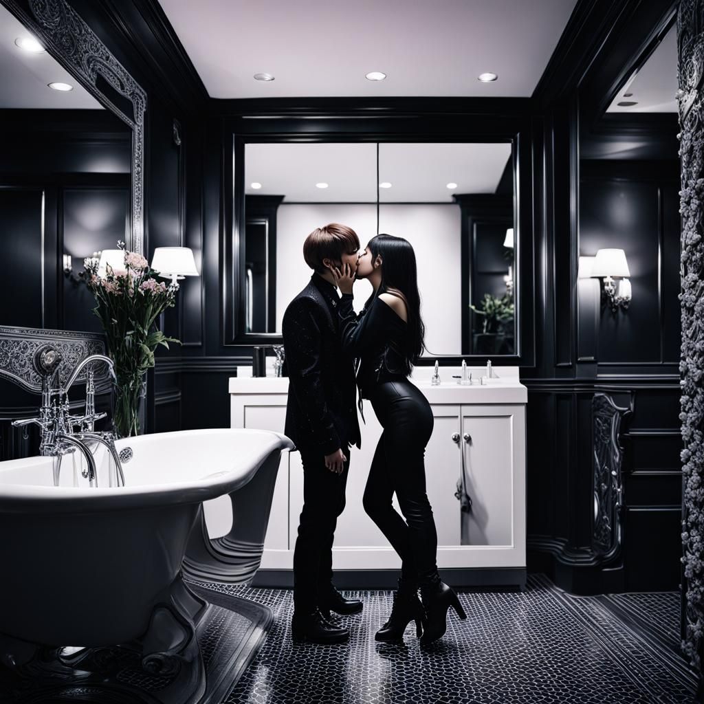 Intimate Kiss: Hyperrealistic Pop Stars in Bathroom