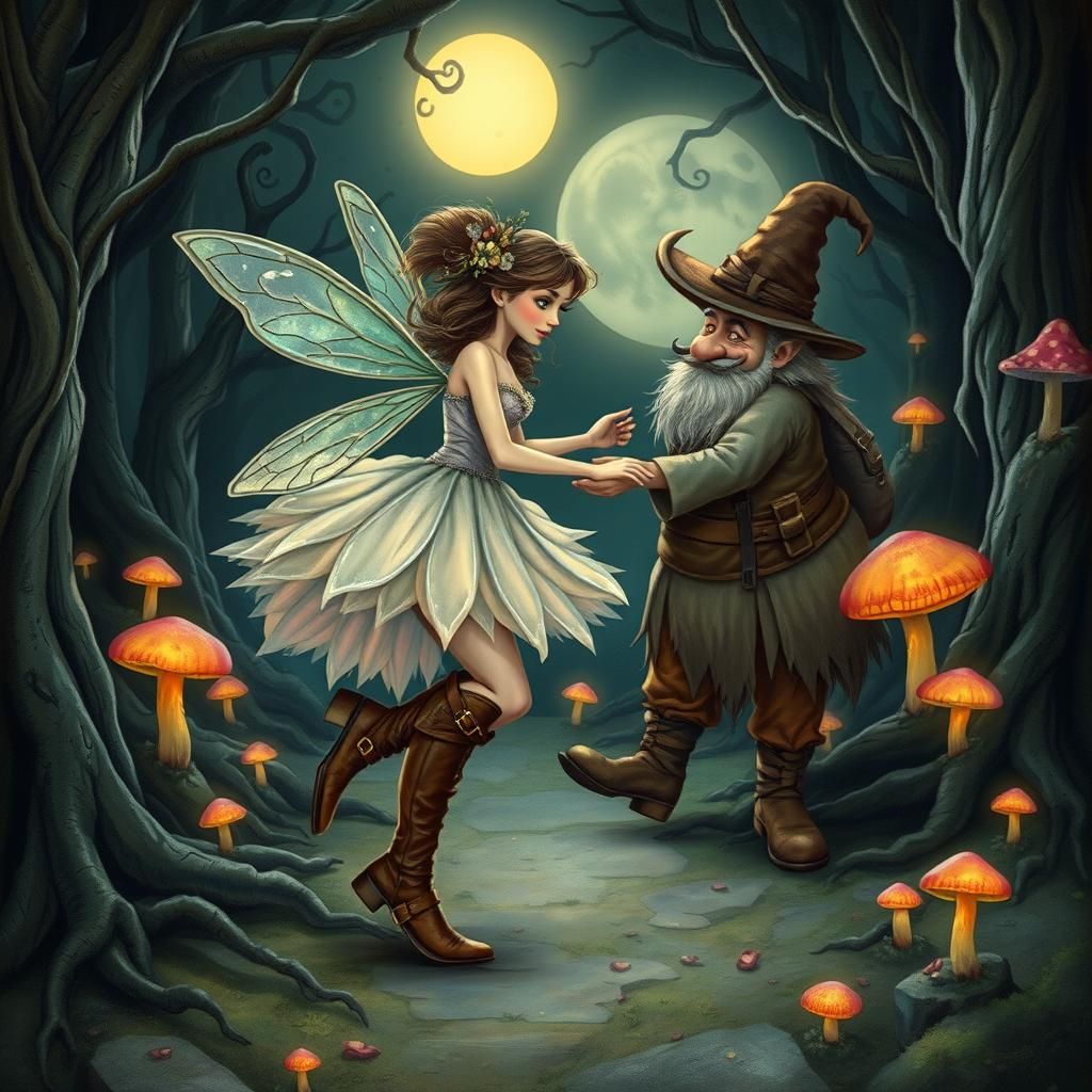 Fairy and Dwarf Dance in Moonlit Forest