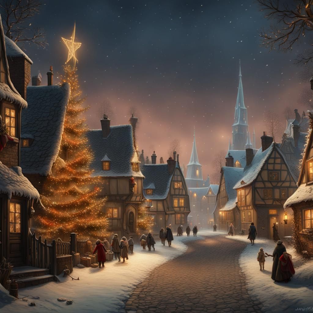 Christmas Village in the Style of Old Masters Painting