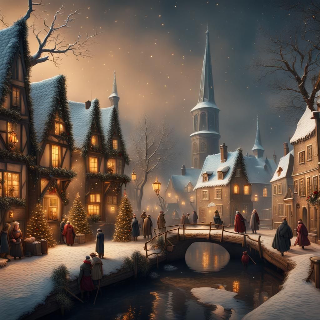 Whimsical Christmas Village: Detailed Matte Painting