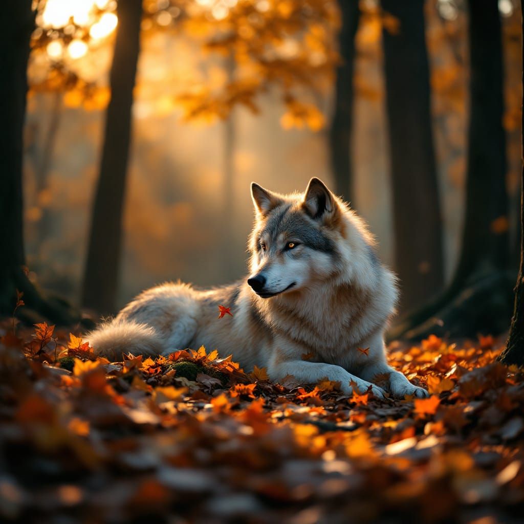 Serene Wolf in Autumn Forest: Cinematic Still