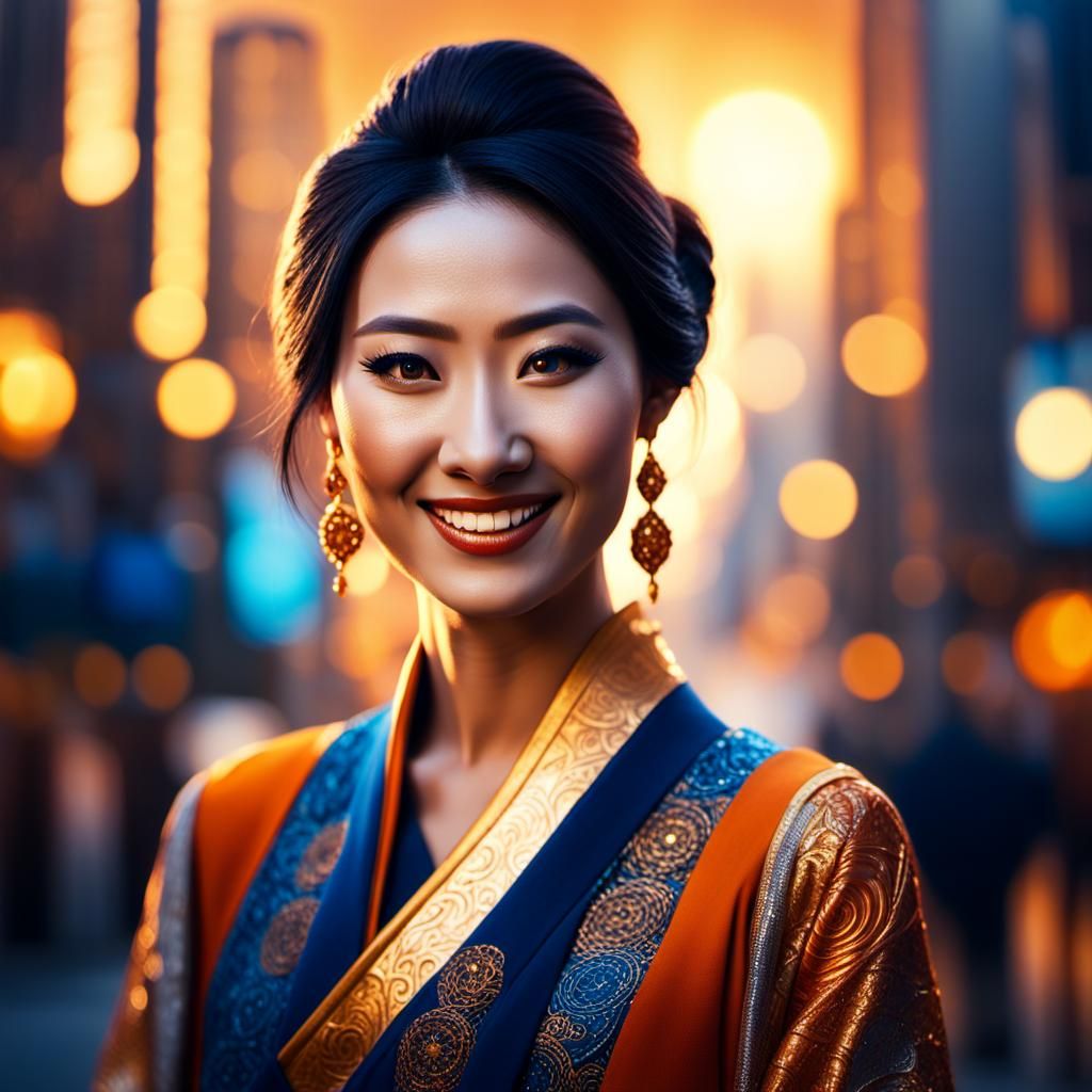 Oriental Lady Smiling in Modern City, Art Nouveau