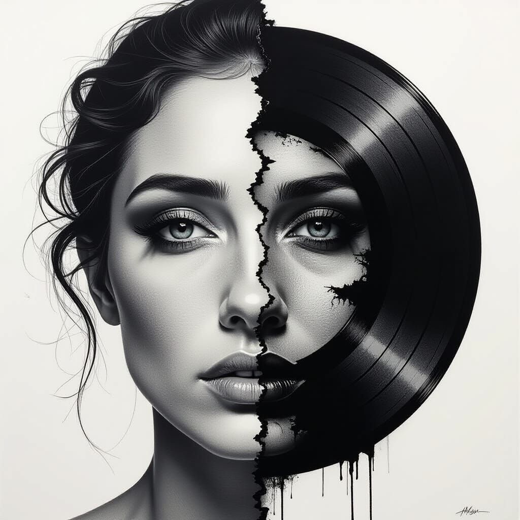 Face Formed From Vinyl Record Grooves in Charcoal