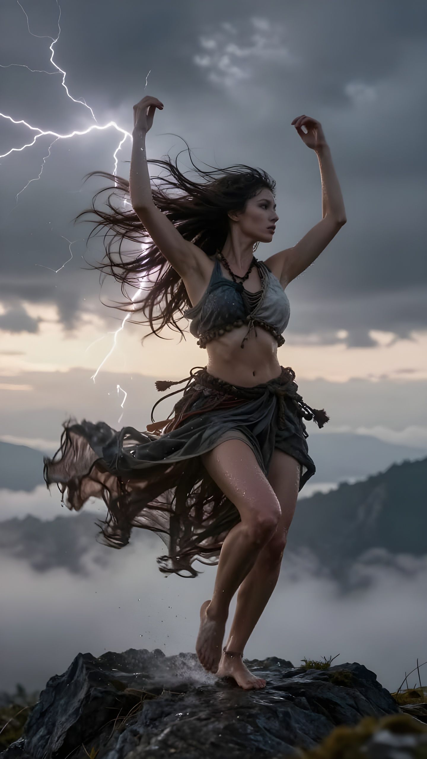 Slavic Mountain Spirit Vila Dancing in Stormy Dawn
