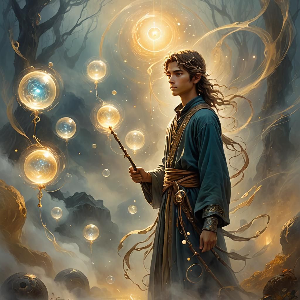 Enchanting Apprentice Amidst Mystical Orbs: Digital Painting