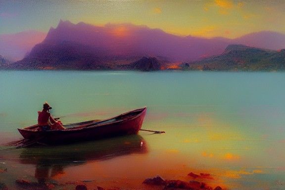 Boat on Mountain Lake in Romantic Realism Style