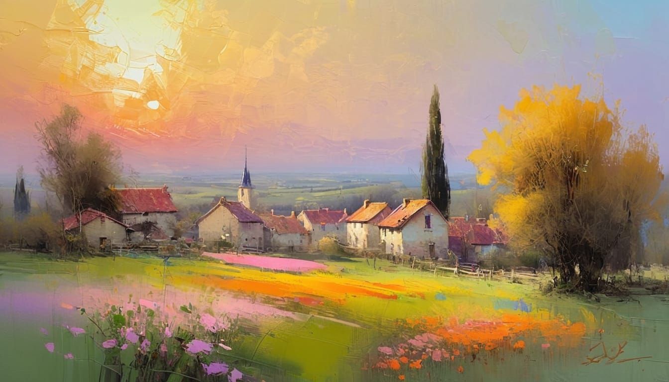 French Village Sunrise in Expressionist Style