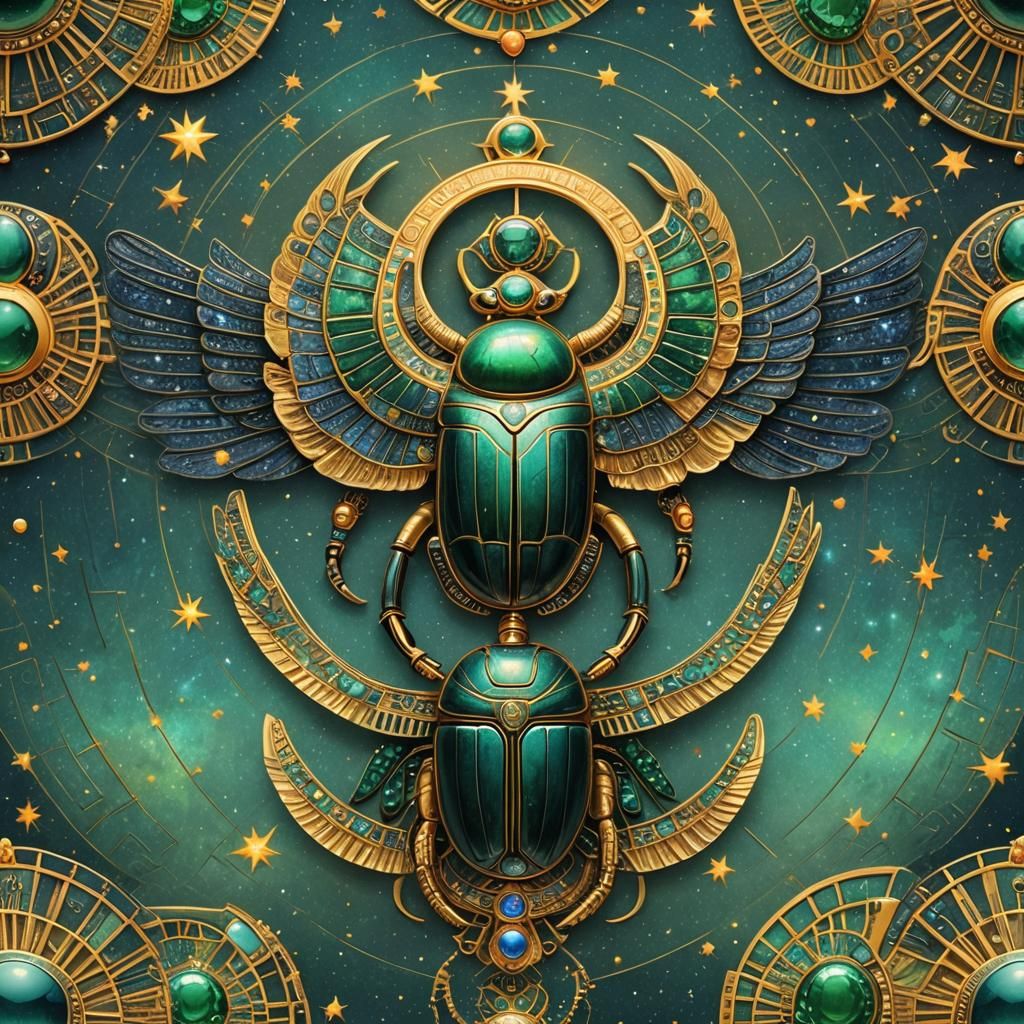 Egyptian Scarab Beetle with Precious Stones and Golden Sun