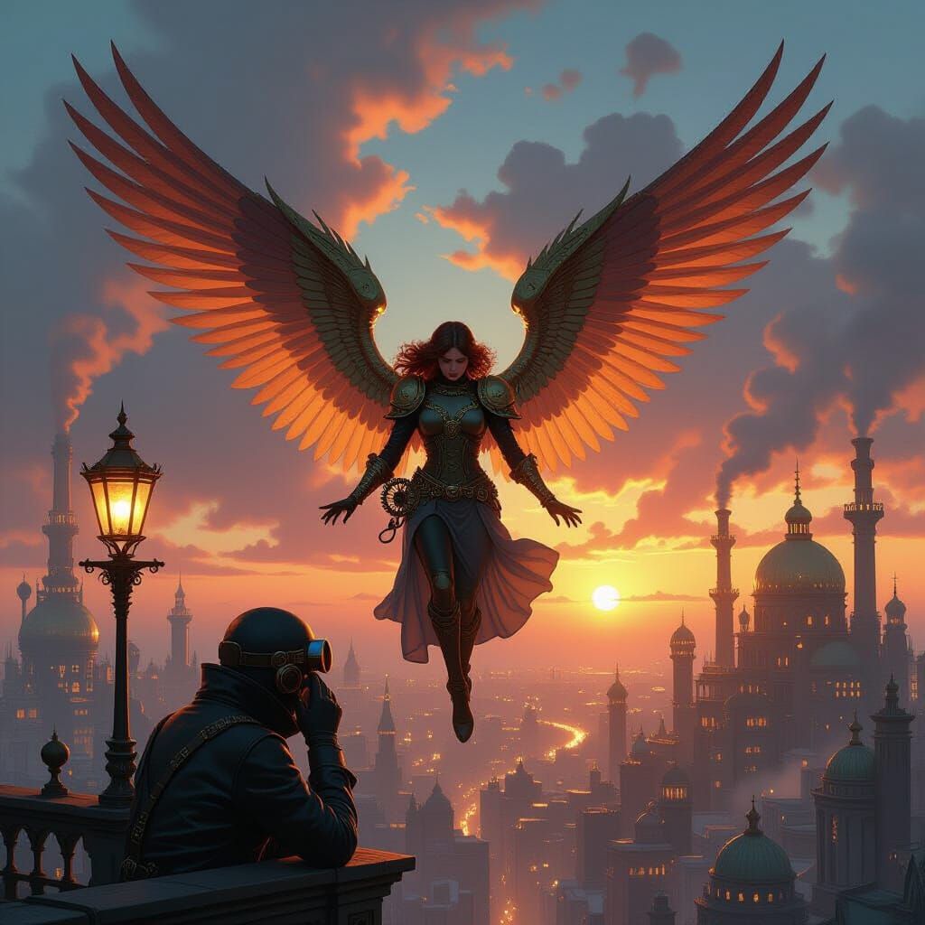 Clockwork Angel Descends in Steampunk Cityscape