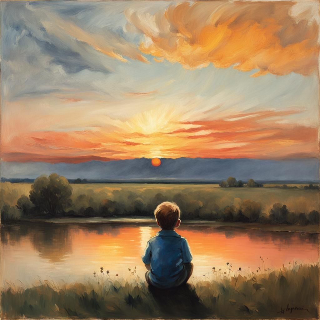 Child Watches Sunset with Expressive Skies