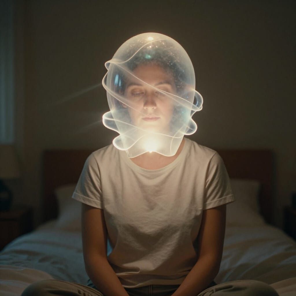 Woman Contemplating Light Object in Quiet Bedroom