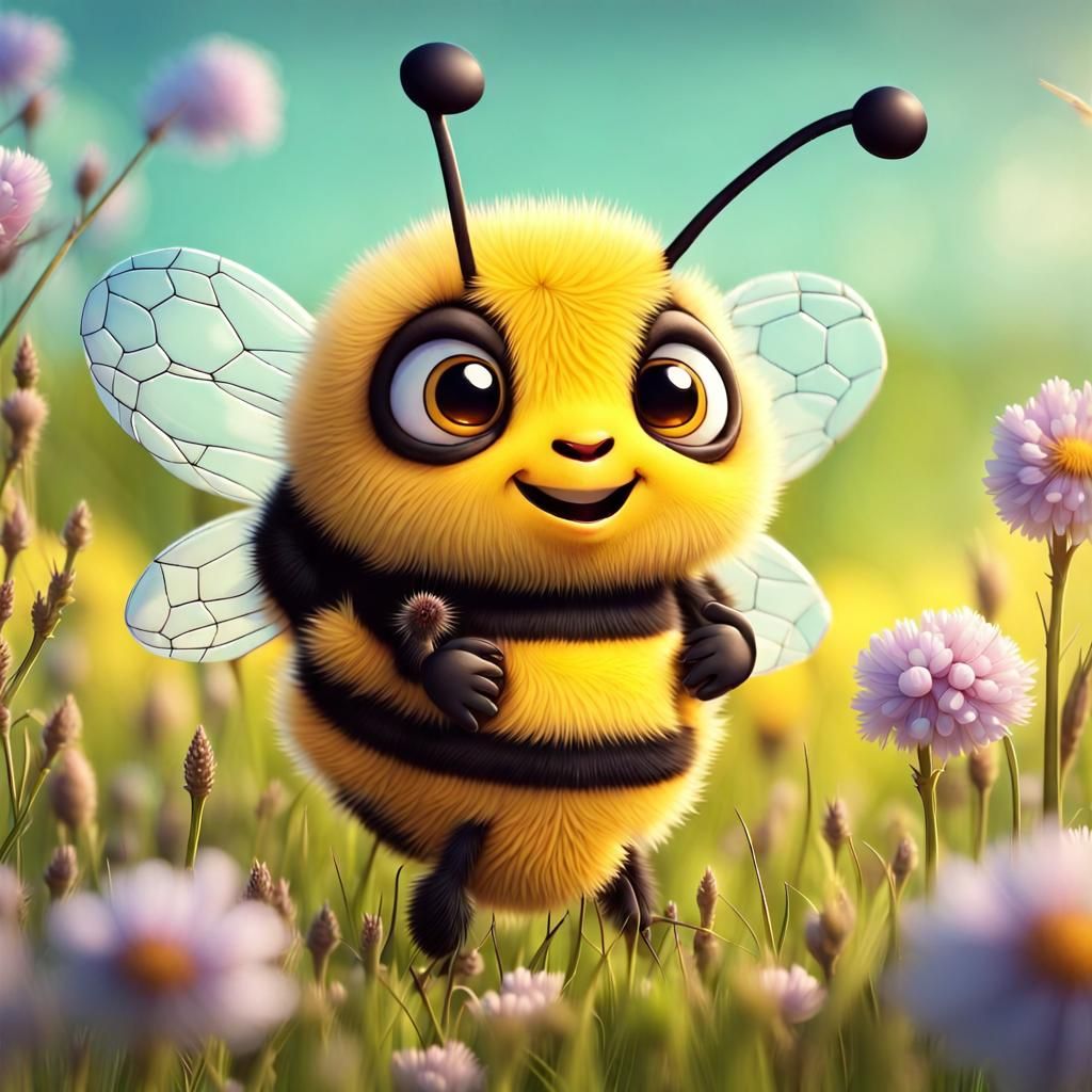 Fluffy Cute Bee Character in Spring Field