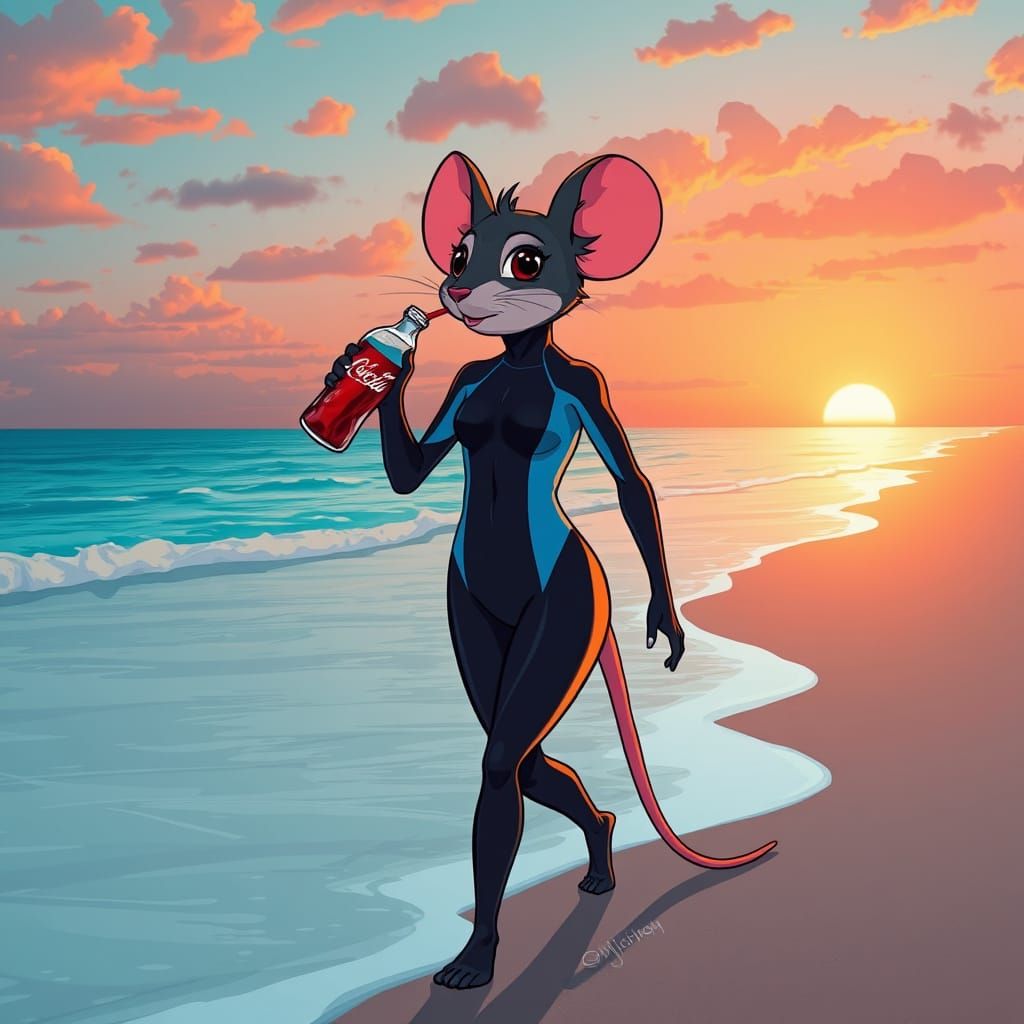 Mouse Humanoid Drinks Coca-Cola on Beach, Stylized Art