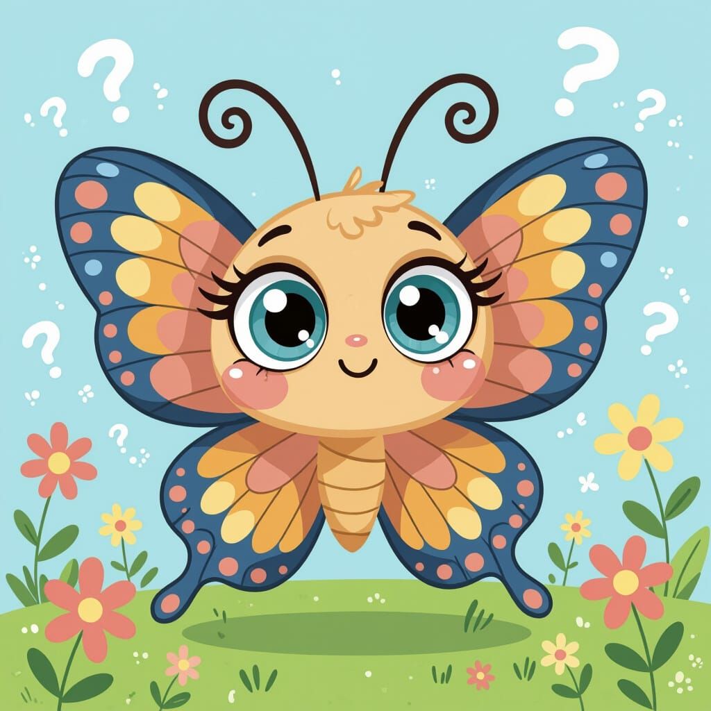 Puzzled Cartoon Butterfly with Expressive Eyes