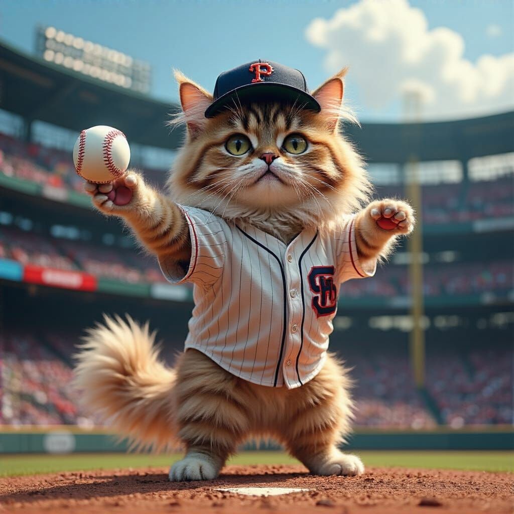 Fluffy Cat's First Pitch: Hyperrealistic Stadium Art