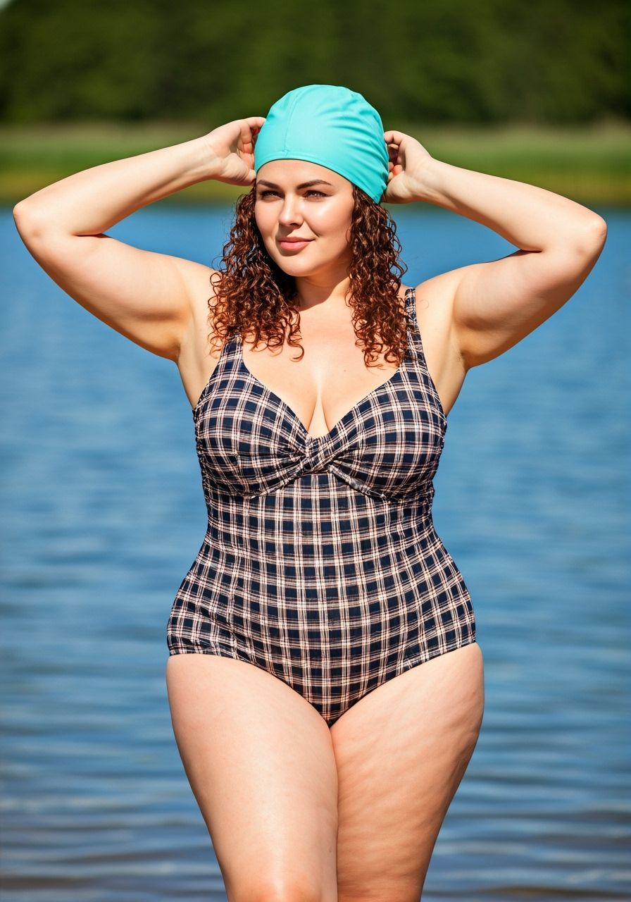 Woman in Checkered Swimsuit on Beach with Lagoon