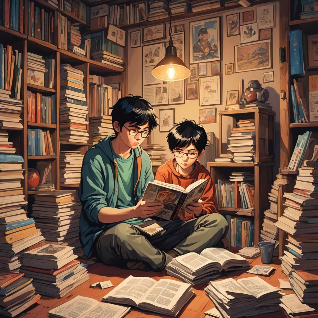 Cozy Comic Reader in Manga-Inspired Digital Painting