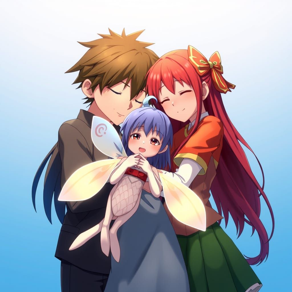 Kirito, Asuna, and Yuki: Family Hug in 3D