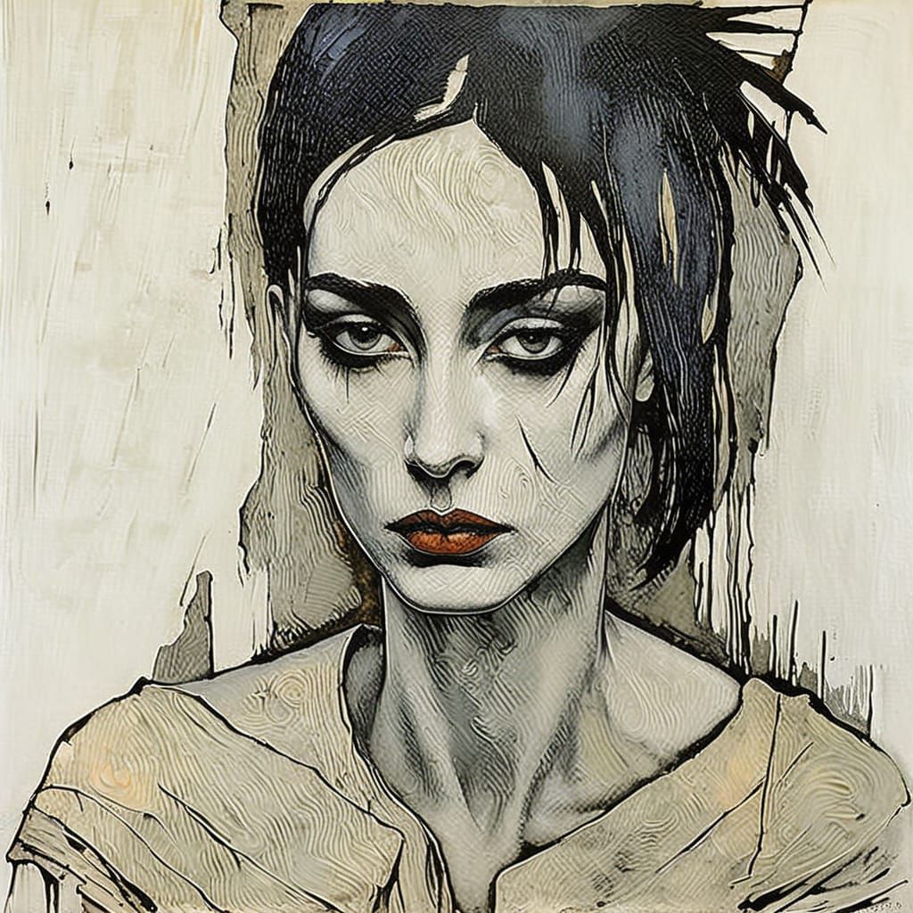 Sad Gothgirl Portrait in High Contrast Impasto Style