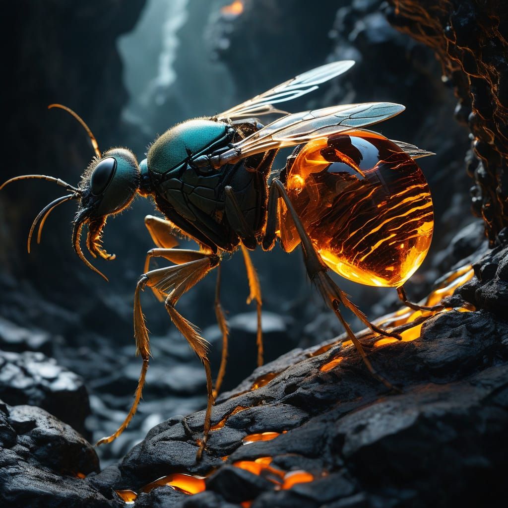 Surreal Amber Mosquito Above Fossilized Canyon