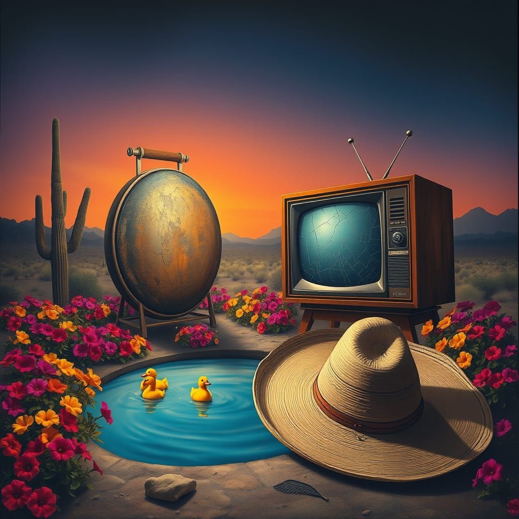 Surreal Desert Dreamscape with Worn Dinner Gong and Vibrant ...