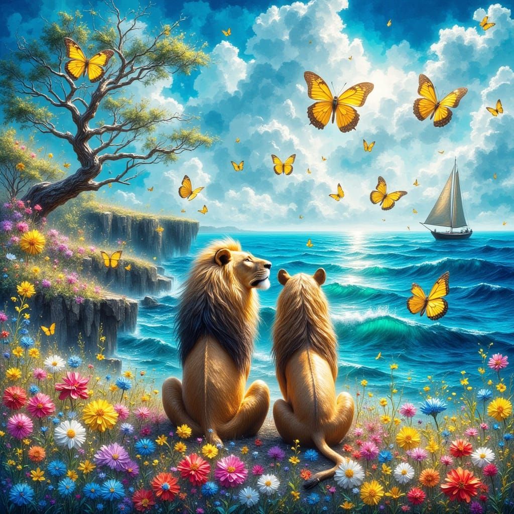 Lions on Flower Cliff Overlooking Sea