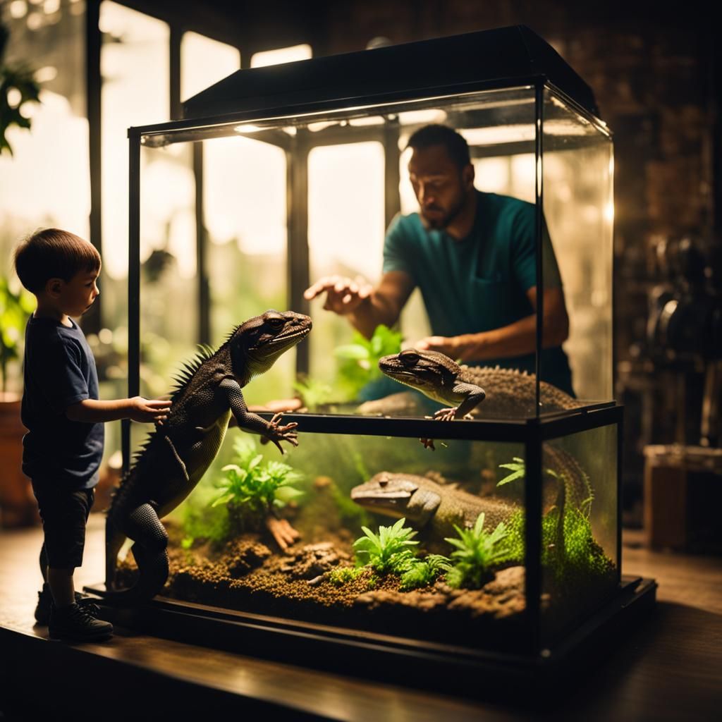 Father and Son Feeding Lizards in Terrarium