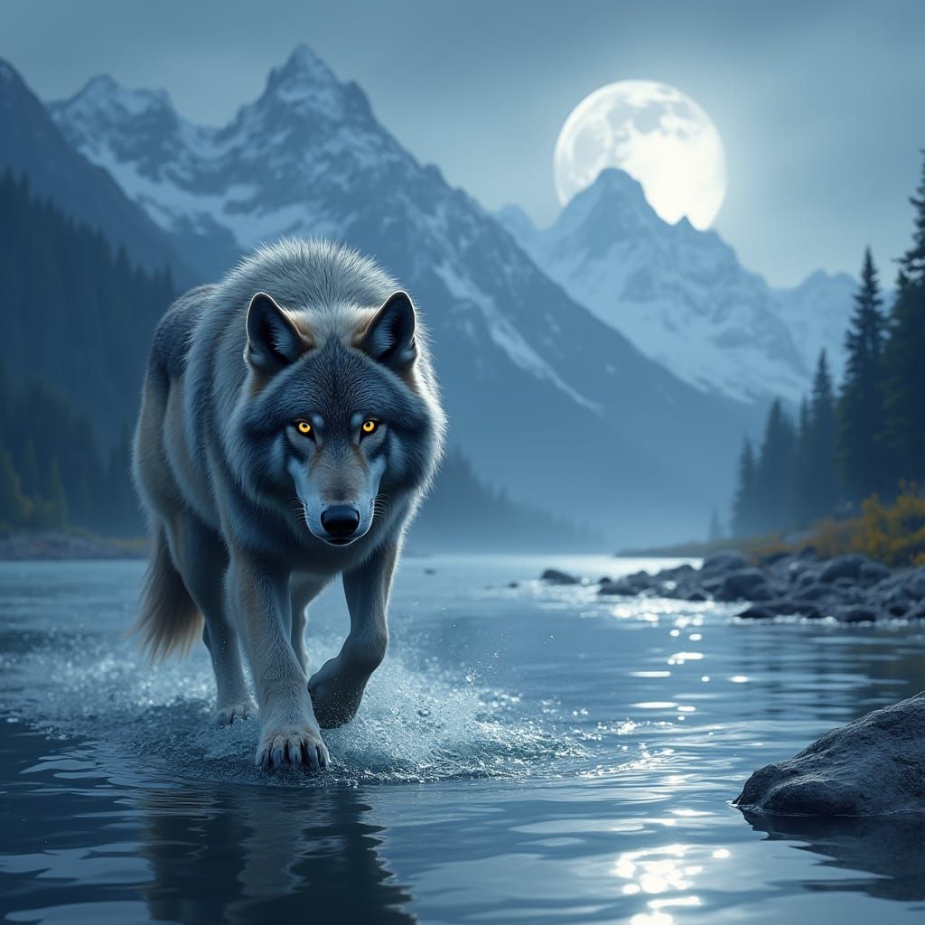Majestic Grey Wolf Under Full Moonlit River with Snowy Mount...