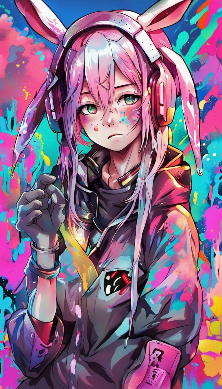Cyberpunk Rabbit Girl Crying Tears: Anime Style