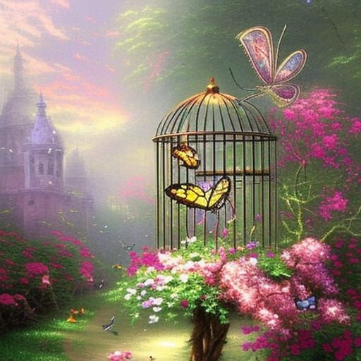 Ethereal Butterfly in Thorny Birdcage: Fantasy Art