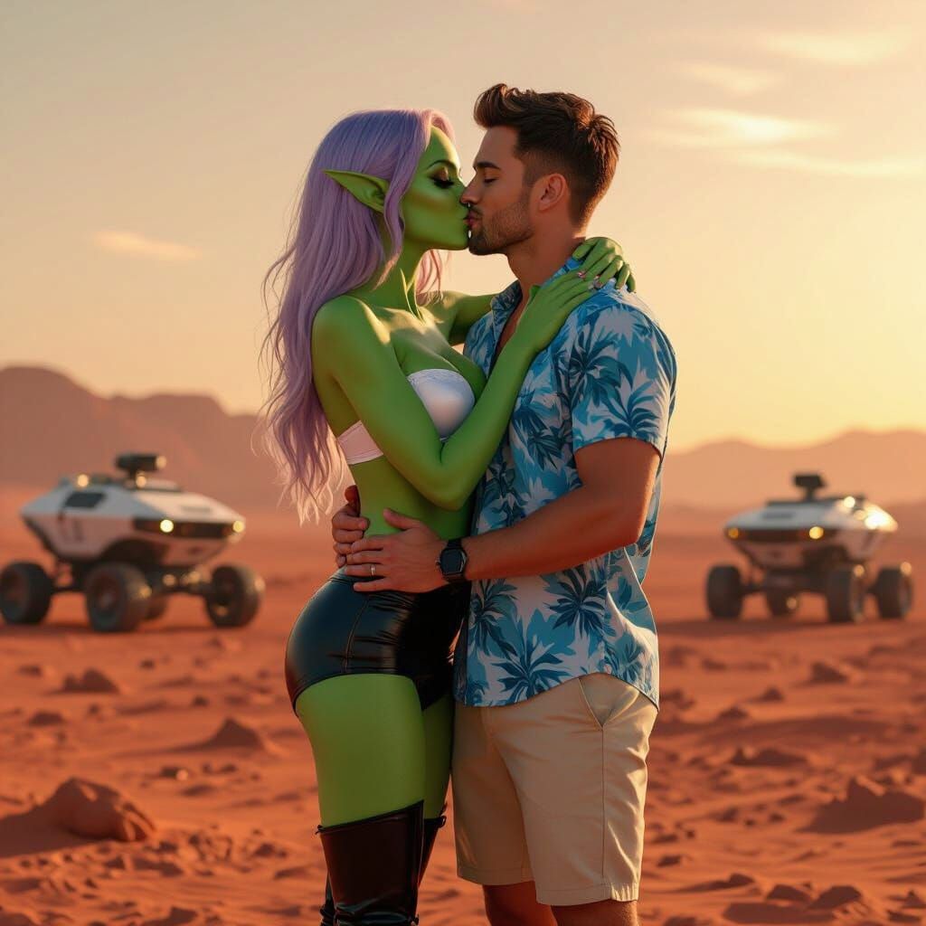 Green Alien Woman with Purple Hair Kissing Man on Mars