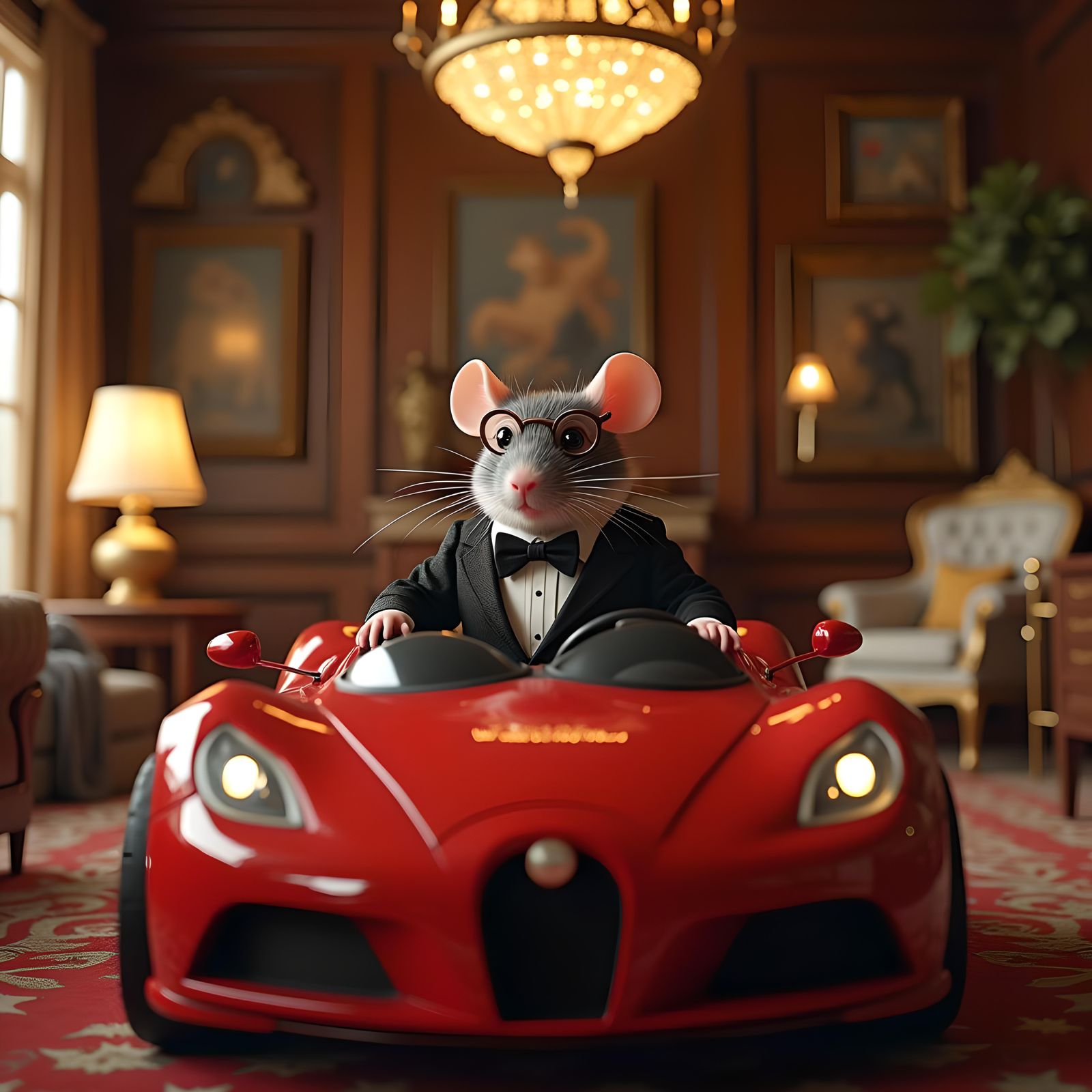 British Rat in Tuxedo Drives Toy Car