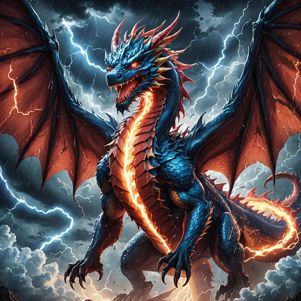 Red Lightning Dragon Soaring in Anime Style