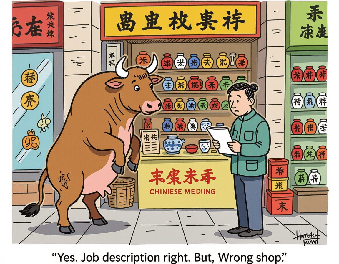 Humorous Bull in Hong Kong Shop Cartoon