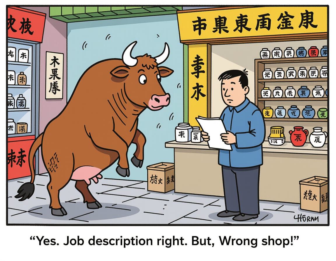Humorous Bull in Hong Kong Shop, Cartoon Style