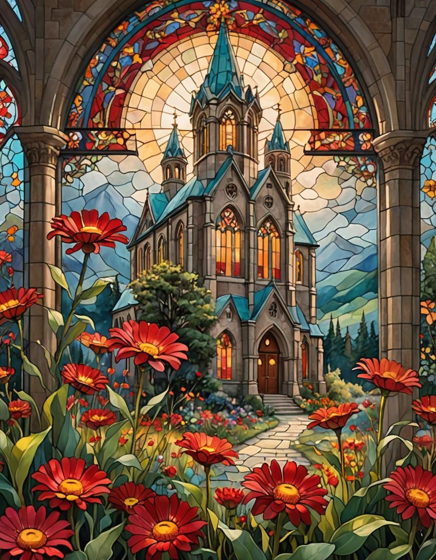Warmly Lit Church with Stained Glass in Oil Painting Style