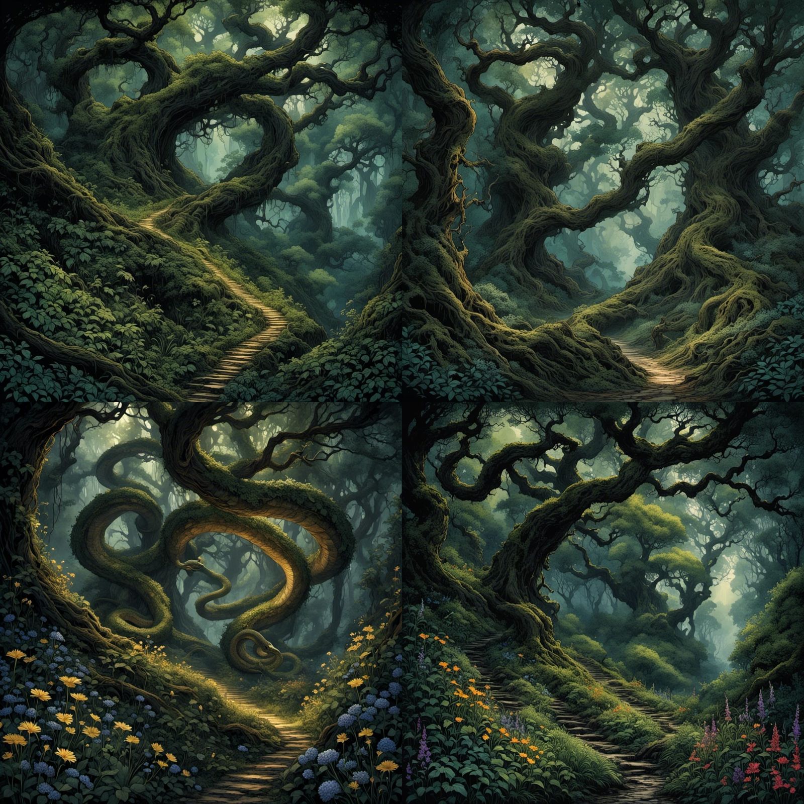 Dark Forest Trail in Dynamic Fantasy Illustration