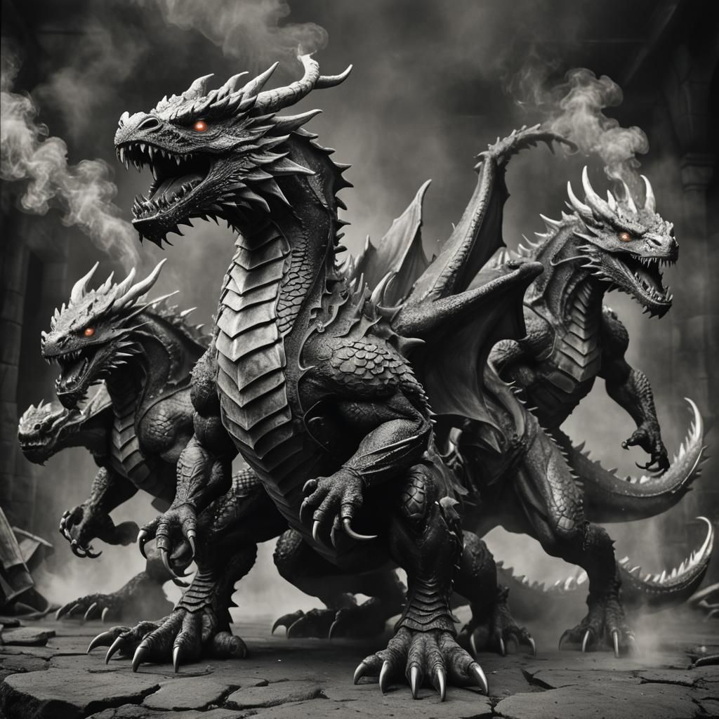Three-Headed Dragon in Black and White