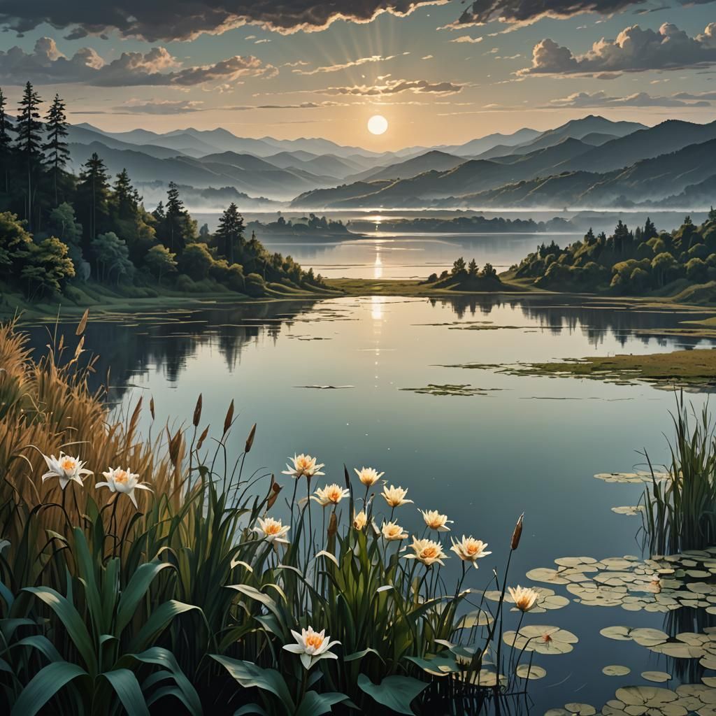 Forested Hills Above Windswept Lake: Dark Fantasy Concept Ar...