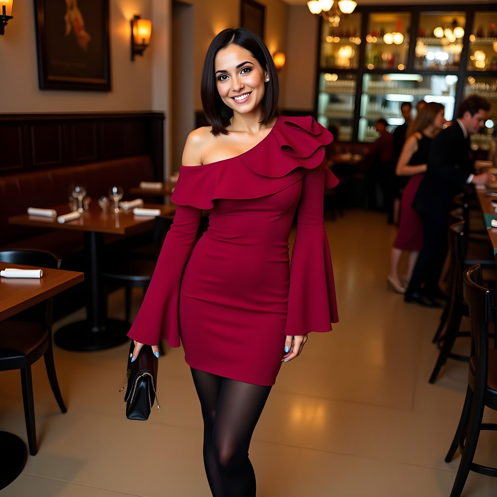Elegant Young Woman in Crimson Off-the-Shoulder Dress