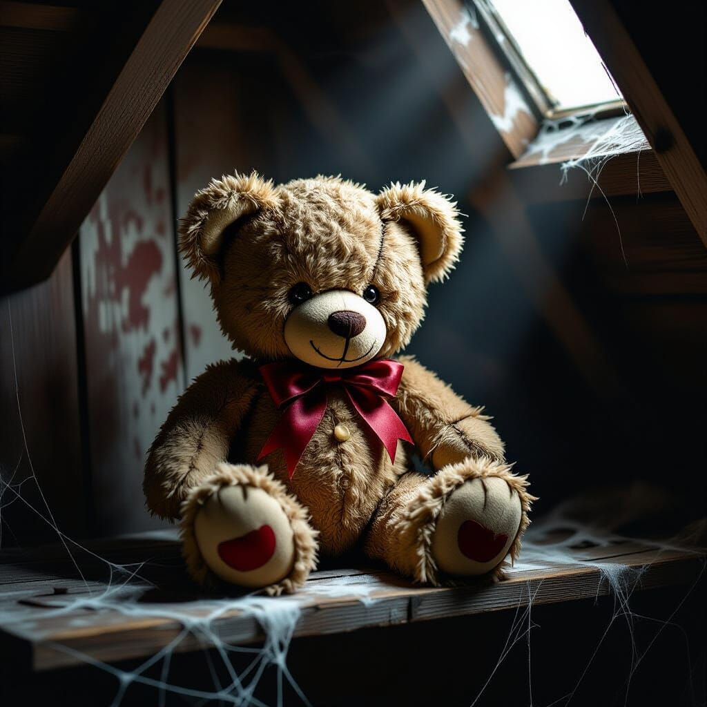 Tattered Teddy Bear in Moonlight Attic Gothic Illustration