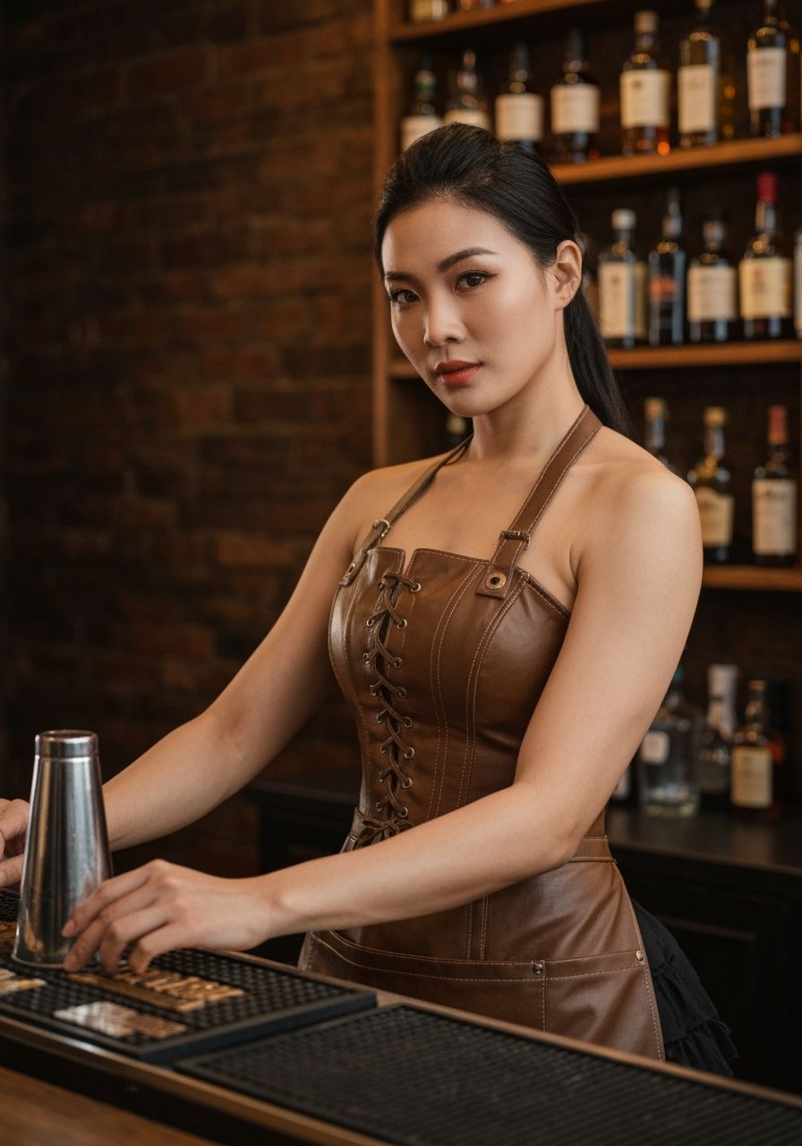 Steampunk Bartender with Athletic Arms in Detailed Bar