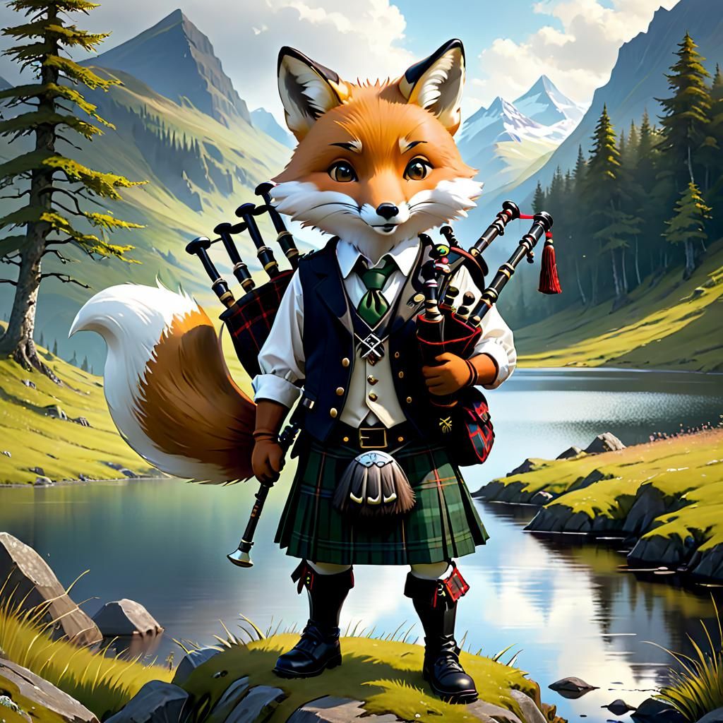 Chibi Fox Bagpiper in Fantasy Highlands Artwork