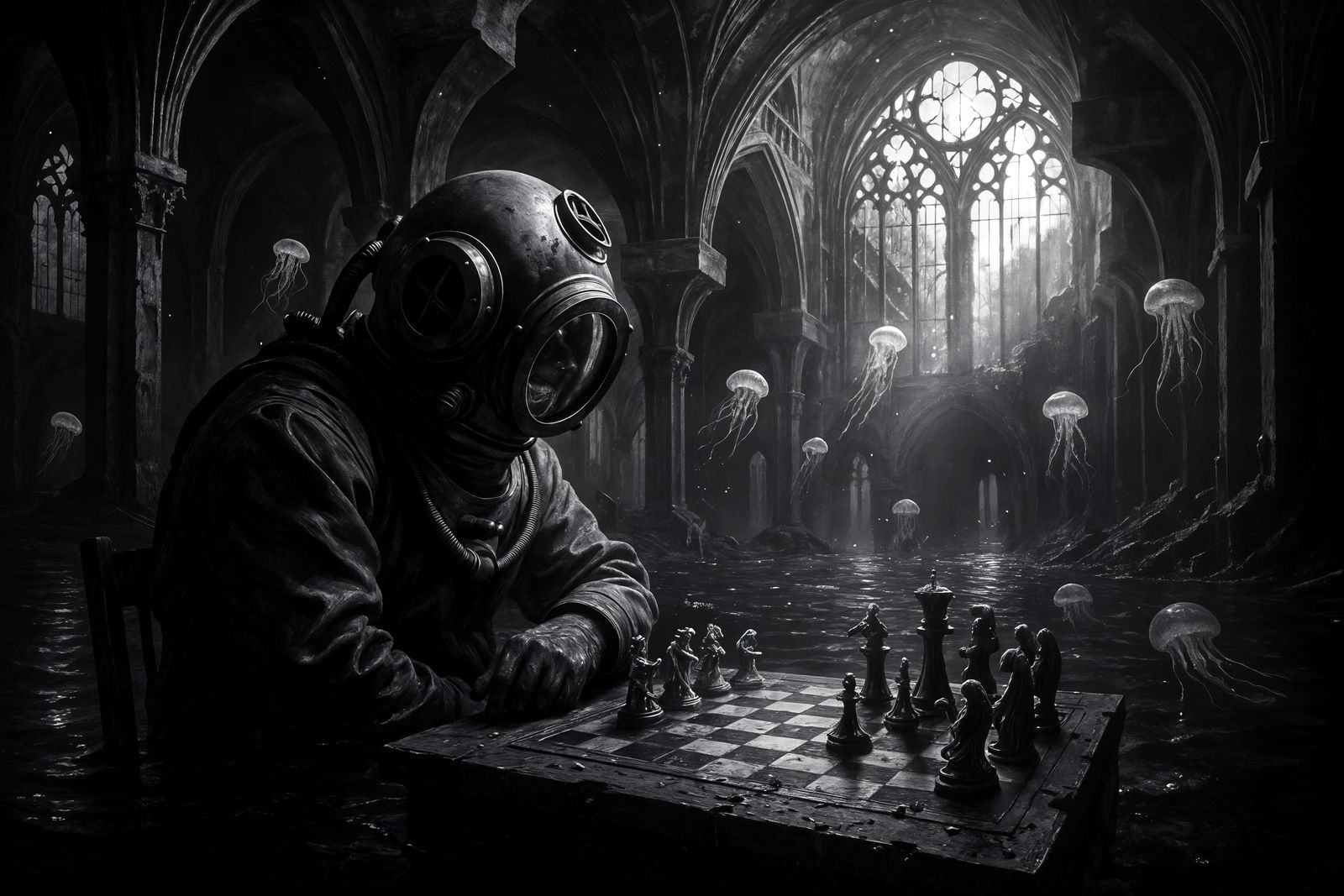 Submerged Cathedral Chess Game in Film Noir Style