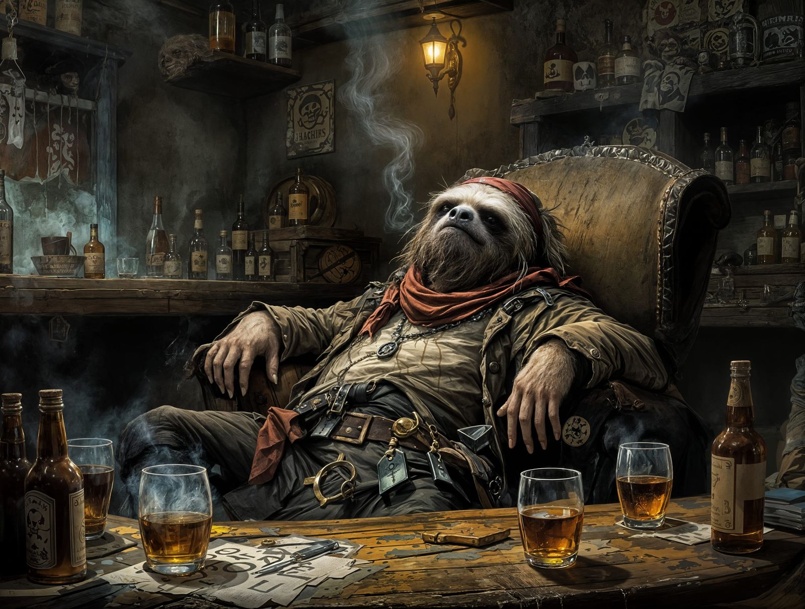 Drunken Pirate Sloth in a Smoky Bar