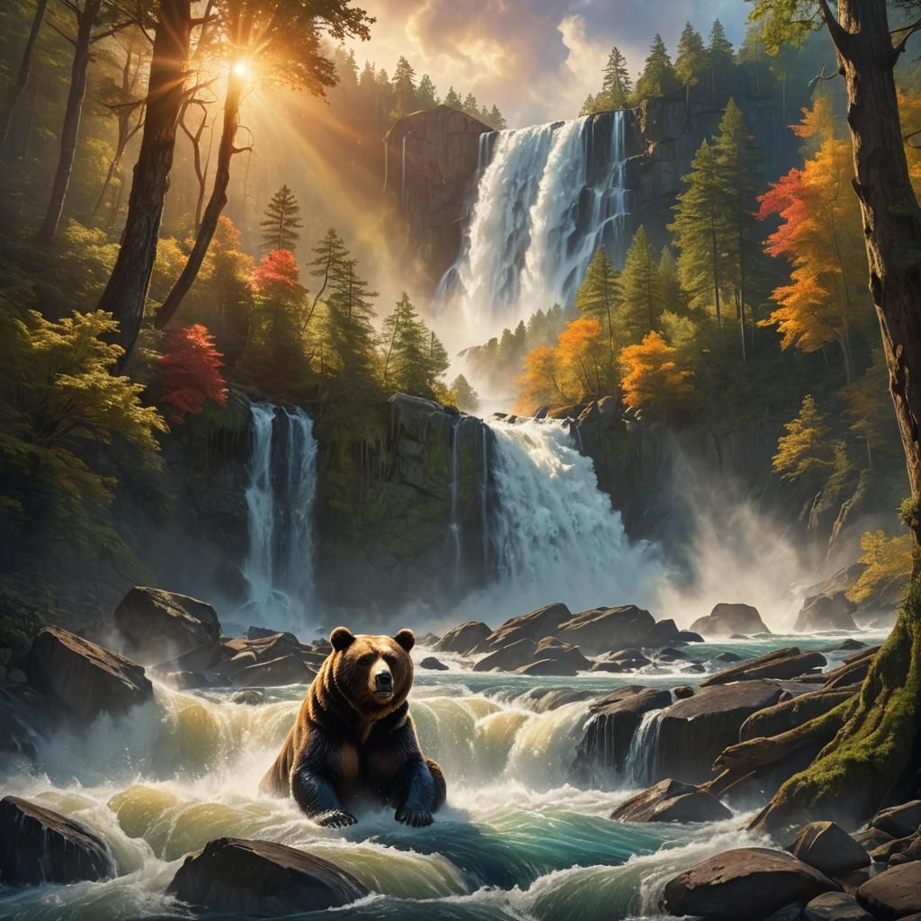 Bear Relaxing as Tidal Wave Crashes, Fantasy Art