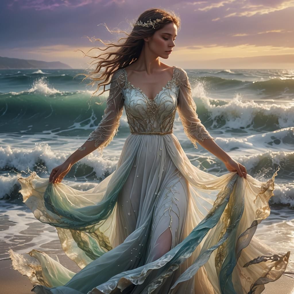 Ethereal Girl in Ocean Waves: Fantasy Art